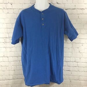 Oneita Blue Short Sleeve Cotton Henley Shirt - Size Large